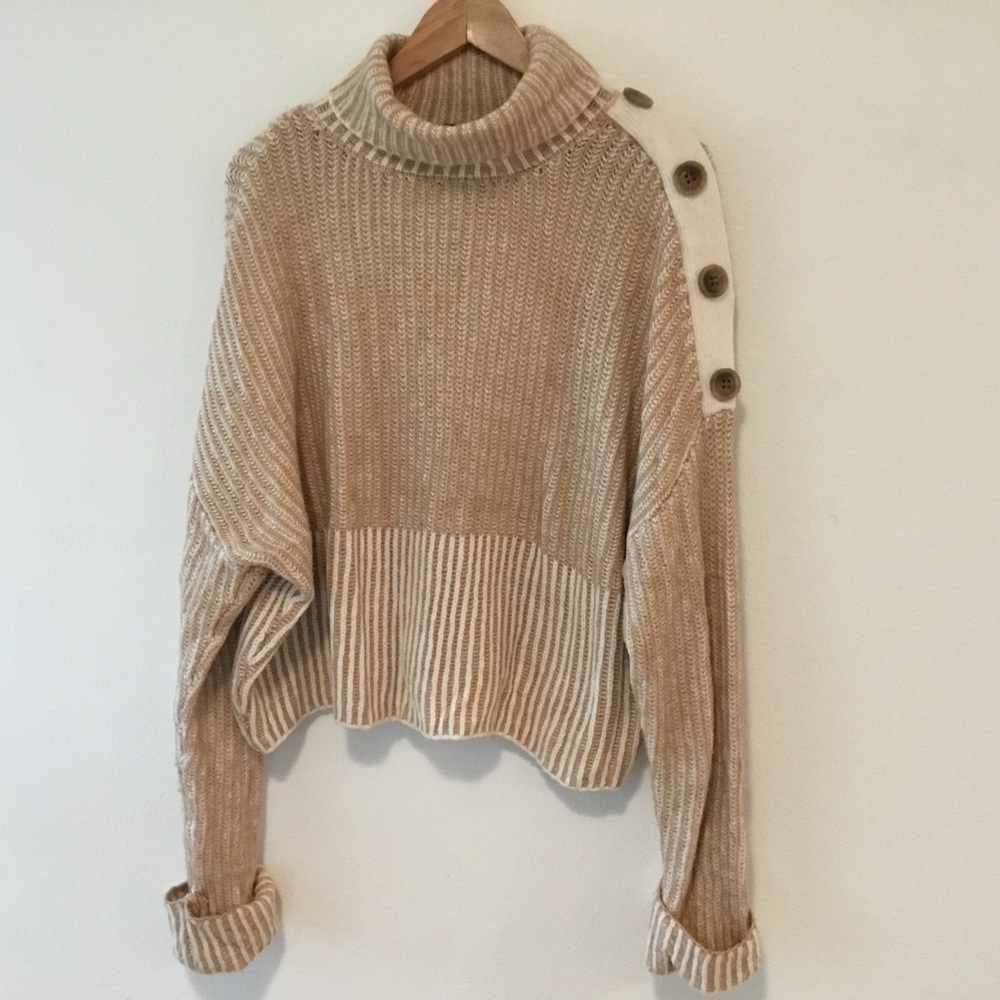 Express Tan Cowl Neck Sweater with Button Accents